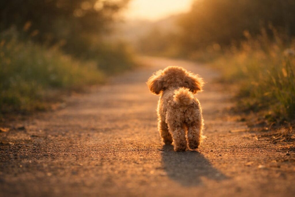 夕暮れの道を遠ざかるトイプードルの後ろ姿|犬が逃げる夢のイメージ
