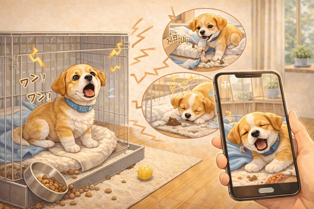 留守番中に吠えたり粗相をしてしまう犬のイラスト

