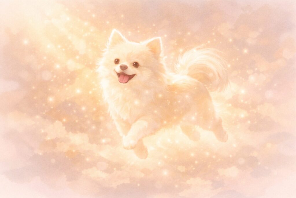 亡くなった犬の夢のスピリチュアルな意味をイメージした、やわらかく光る犬のシルエット