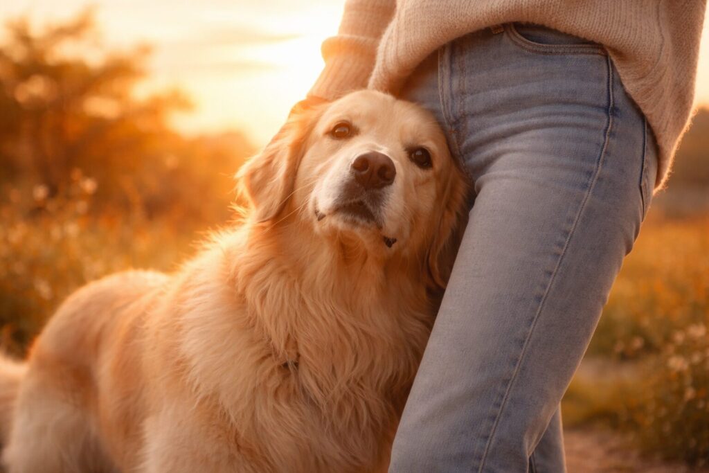 大型犬が人に寄り添う夢のイメージ(守られる安心感)