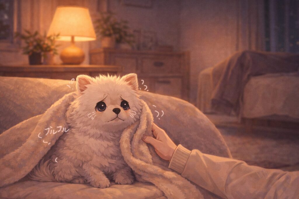 夜の室内で、不安そうに震える老犬を包み込むように見守る様子のイラスト