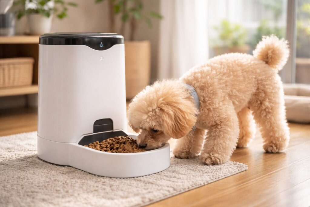 自動給餌器を使って食事をする犬の様子