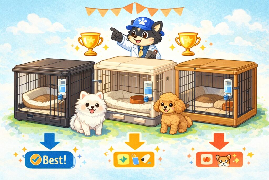 3種類の屋根付き犬用ケージと白ポメラニアン・アプリコットプードルが並んだイラスト。2026年版の留守番向けおすすめケージ3選を表現した画像。