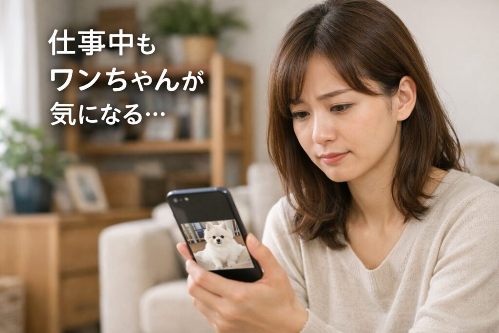 スマホで留守番中の白ポメラニアンを確認する日本人女性