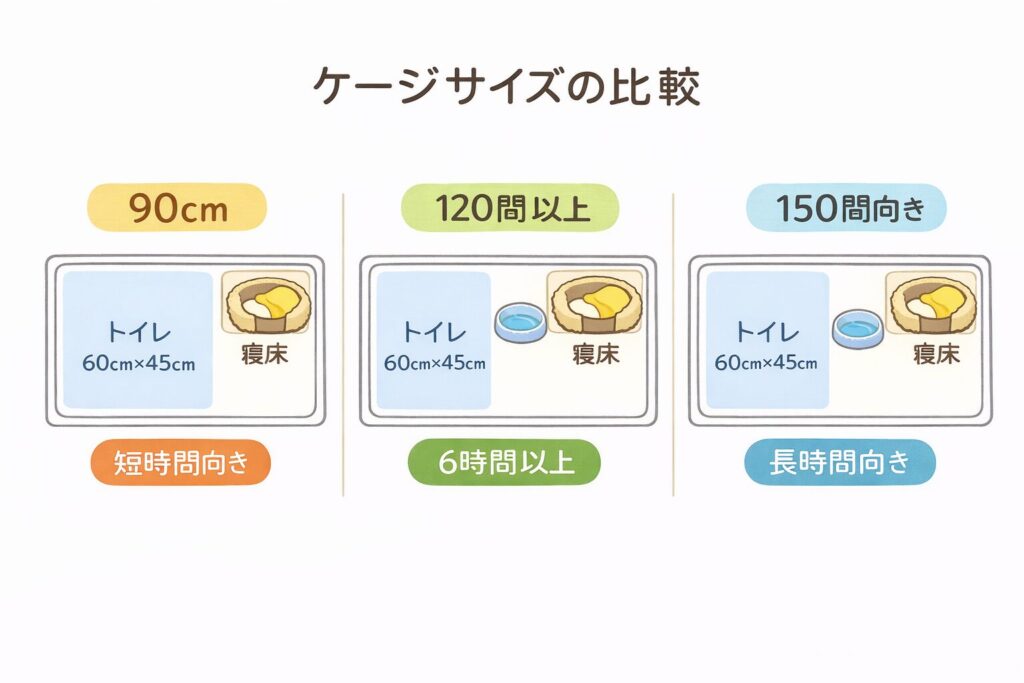 柴犬 留守番 ケージ トイレサイズ別に必要なケージ幅の図解