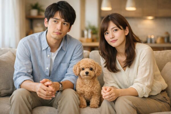 共働きの夫婦が犬を前に、飼えるかどうか生活設計を考えている様子