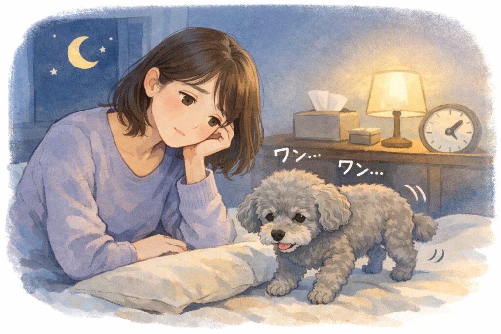夜の部屋で老犬のそばに寄り添い、疲れた表情で見守る飼い主のイラスト