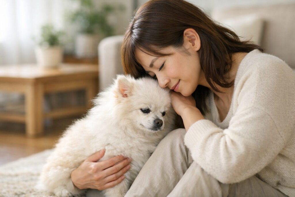 老犬を抱きしめながら、不安と愛情の間で悩む日本人女性の老犬介護の様子