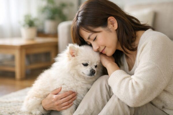 老犬を抱きしめながら、不安と愛情の間で悩む日本人女性の老犬介護の様子