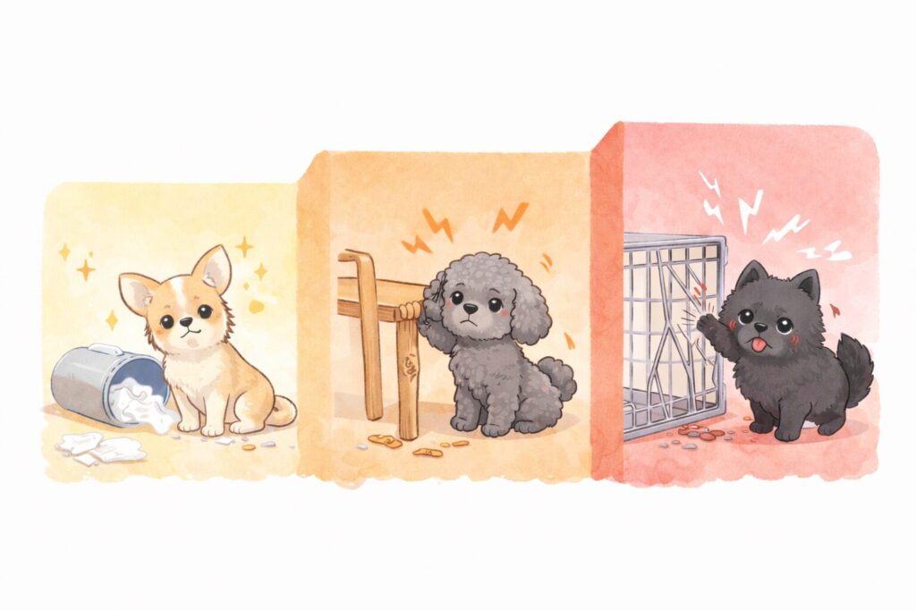 軽度から重度までの破壊レベルを表すチワワとトイプードルとポメラニアンのイラスト