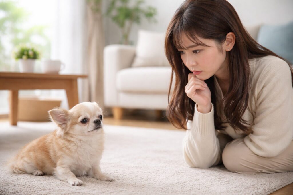 老犬が急に歩かなくなり、心配そうに見守る日本人女性とチワワの様子