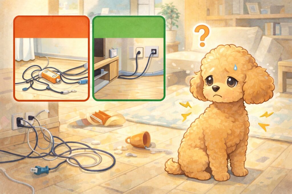 散らかったコードの近くで不安そうにしているアプリコットトイプードルと、安全環境との比較イラスト