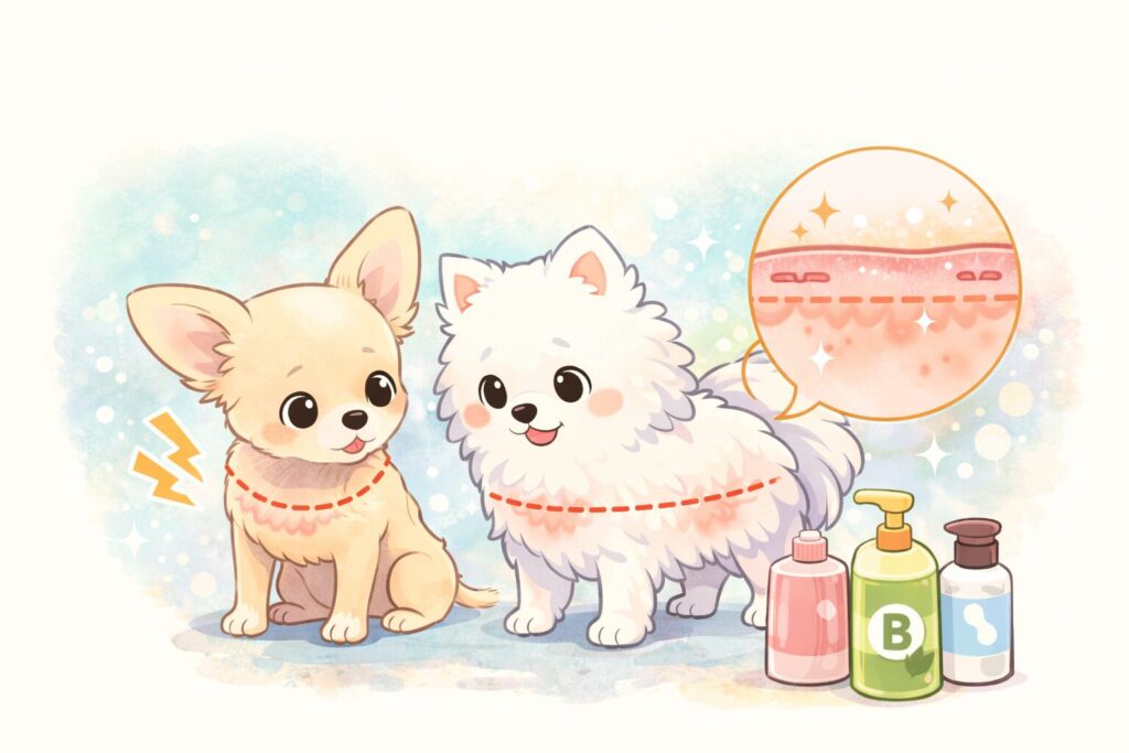 犬の皮膚が薄く刺激に弱いことを表現したチワワとポメラニアンのイラスト