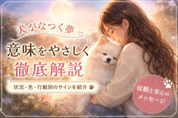 女性に甘える白い犬と月夜の幻想的な風景。犬がなつく夢の意味をやさしく解説するアイキャッチ画像。