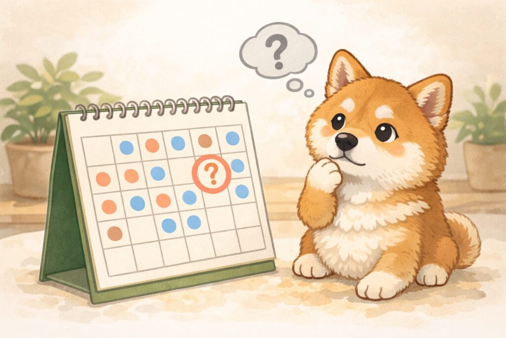 カレンダーを見ながら、シャンプーのタイミングを考えている柴犬のイラスト