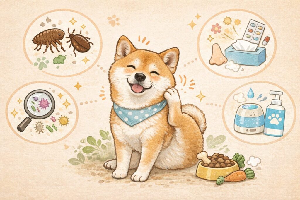 かゆがる柴犬の周囲にノミ・細菌・乾燥・アレルギーなどの原因アイコンが描かれたイラスト