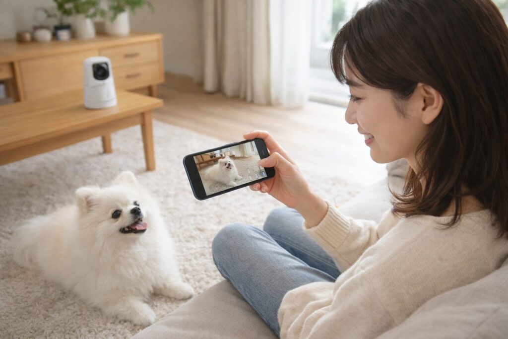 リビングで見守りカメラ越しに白ポメラニアンを確認して安心する日本人女性