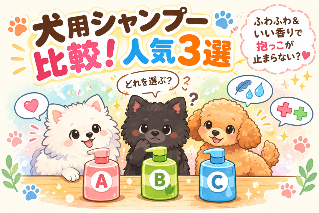 3種類の犬用シャンプーを比較する3匹の犬のかわいいイラスト