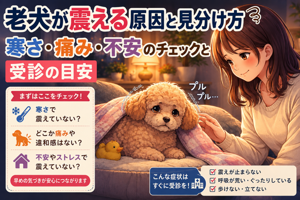 震える老犬のトイプードルを飼い主が優しく見守る様子