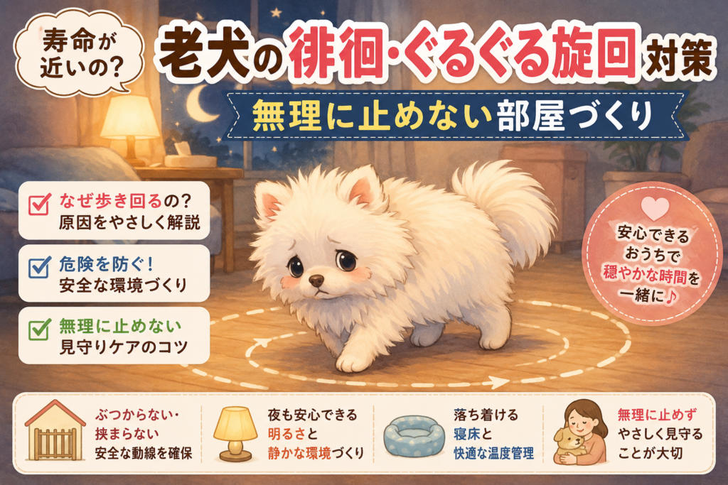 夜の室内で徘徊する老犬と、安全に動けるよう配慮した部屋
