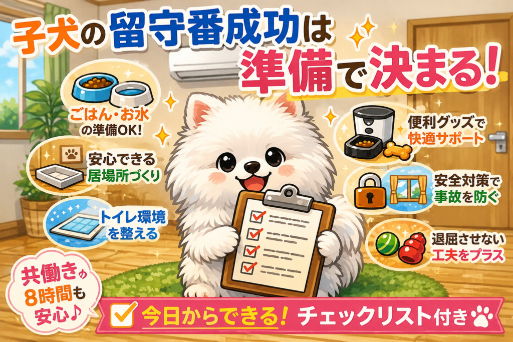 留守番の準備チェックリストを持つ子犬と、ごはんや水、トイレ、安全対策などの準備