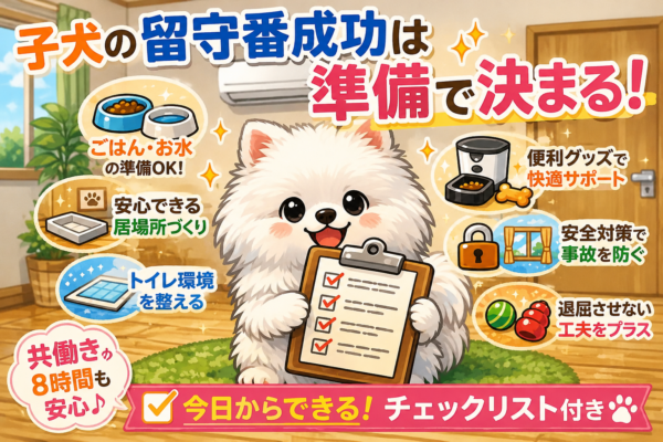 留守番の準備チェックリストを持つ子犬と、ごはんや水、トイレ、安全対策などの準備