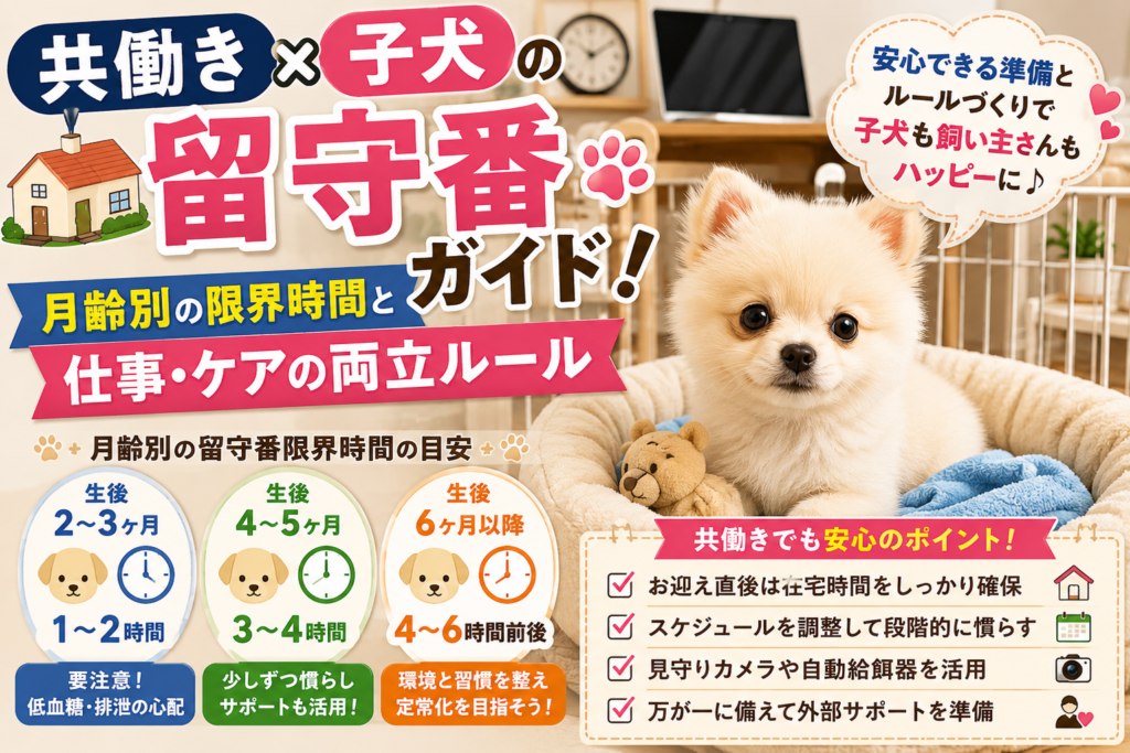 共働き家庭で留守番する子犬と月齢別の留守番時間や準備のポイント
