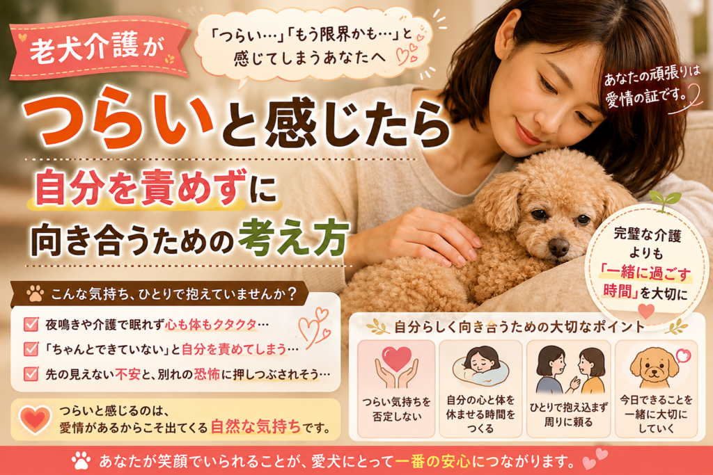 老犬を抱き寄せて寄り添う飼い主と、老犬介護のつらさや自分を責めずに向き合う考え方を表した画像