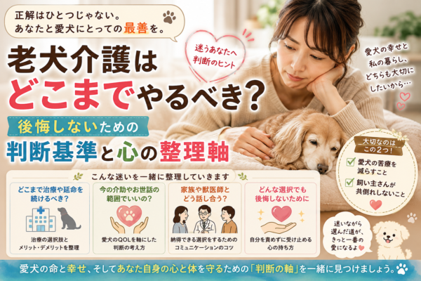 老犬に寄り添う飼い主と、後悔しないための介護の判断基準を解説するイメージ