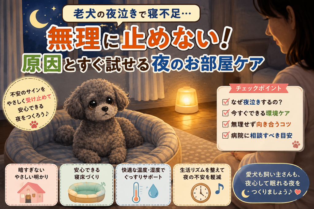 老犬の夜泣きに悩む飼い主と、夜の部屋でベッドにいる老犬