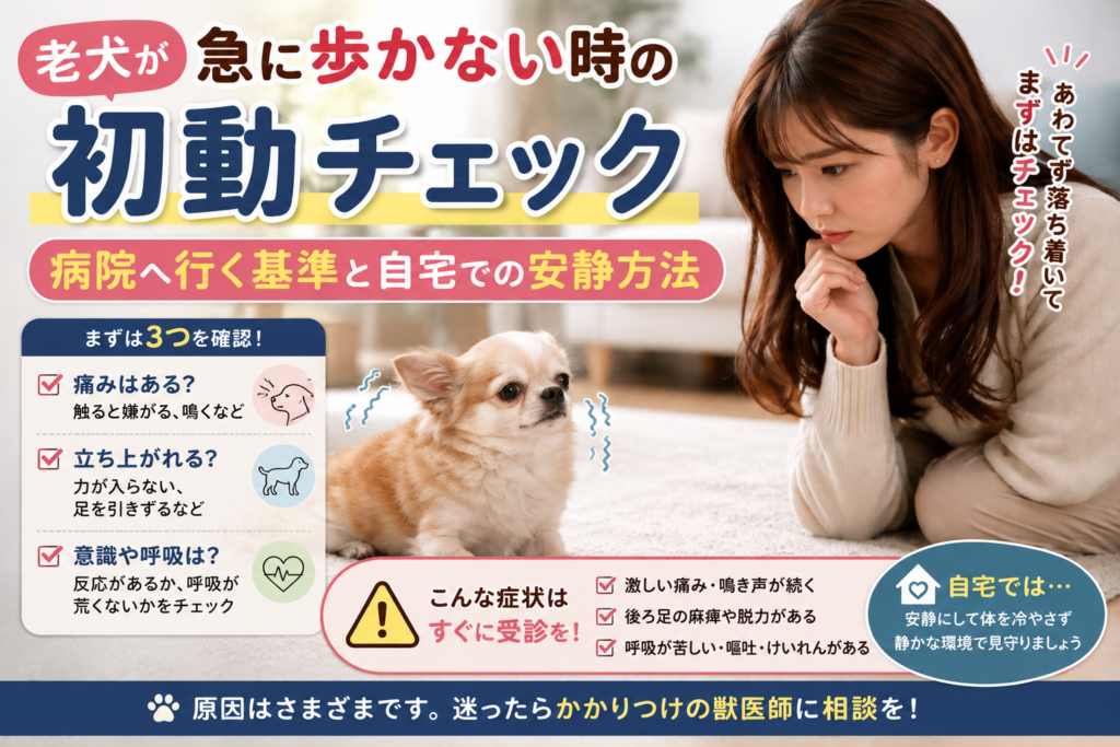 老犬が急に歩かないときの初動チェックと病院へ行く基準を解説するイラスト