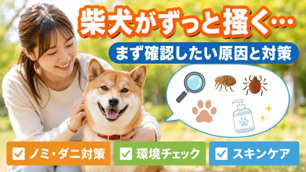 体を掻く柴犬と飼い主、かゆみの原因や対策を紹介するアイキャッチ画像
