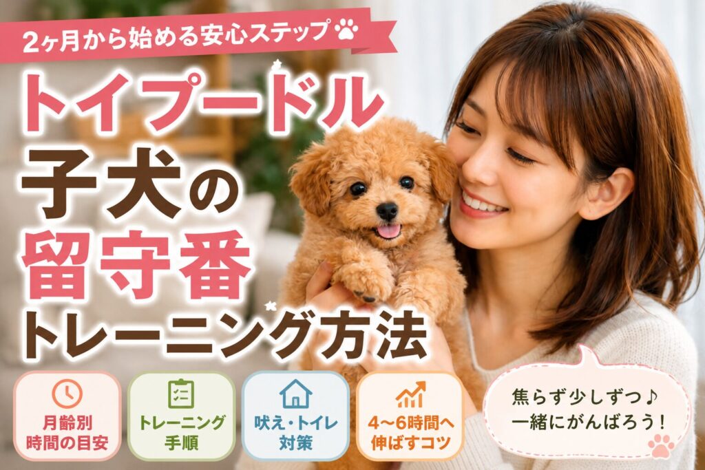 トイプードルの子犬を抱っこしながら留守番トレーニングについて解説する飼い主のイメージ