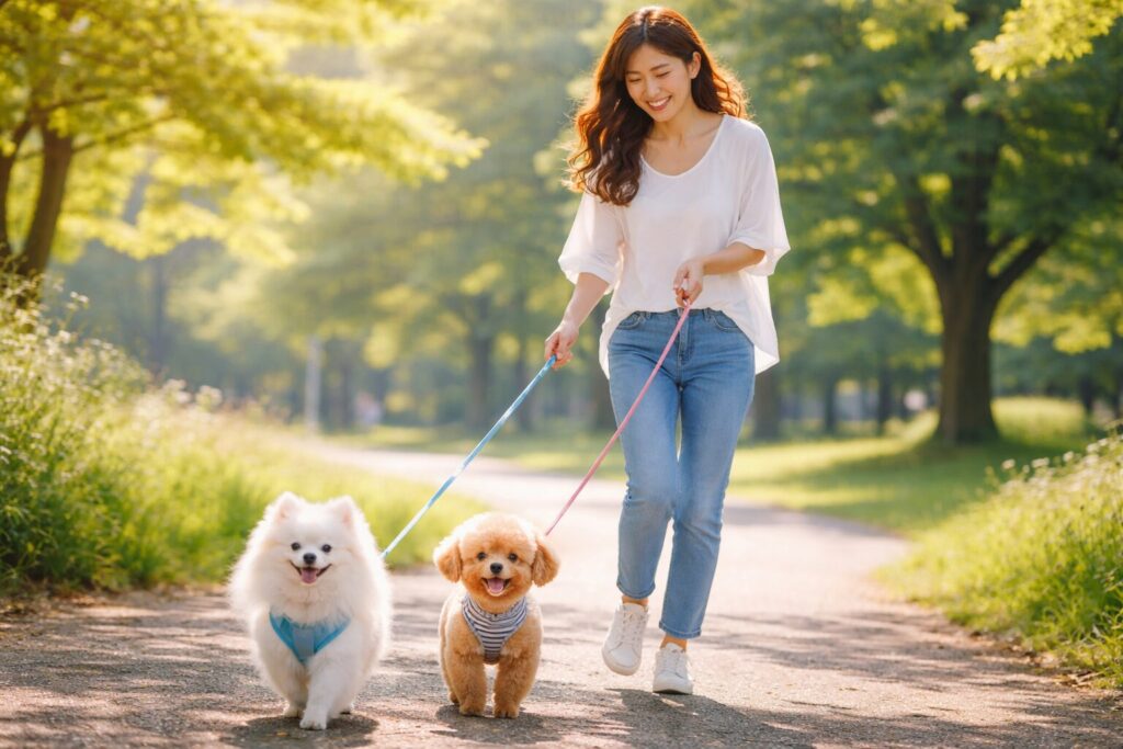 元気に散歩する犬と飼い主の様子