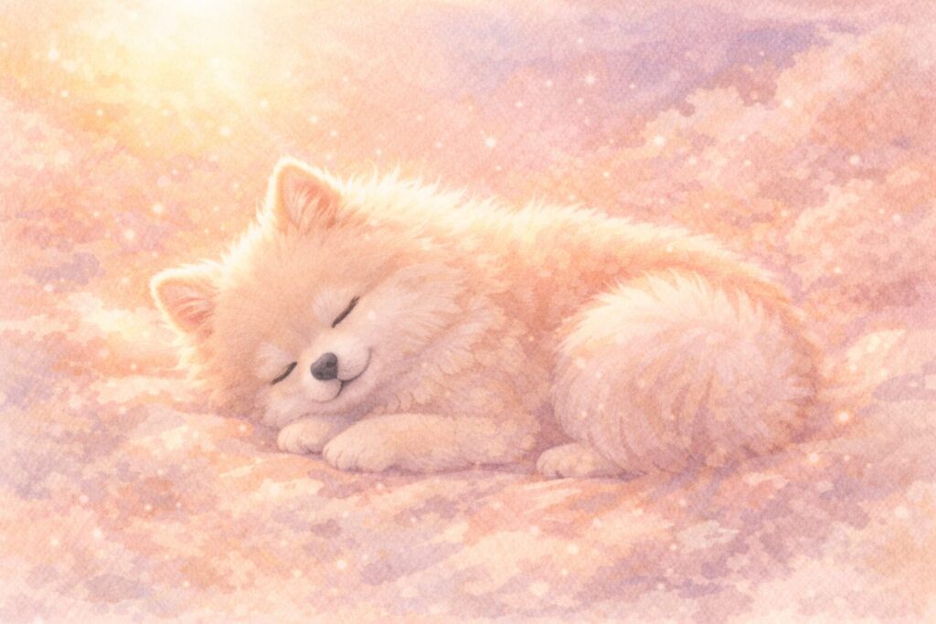 犬が喋る夢を見た後の安心イメージ|やわらかな光に包まれた犬