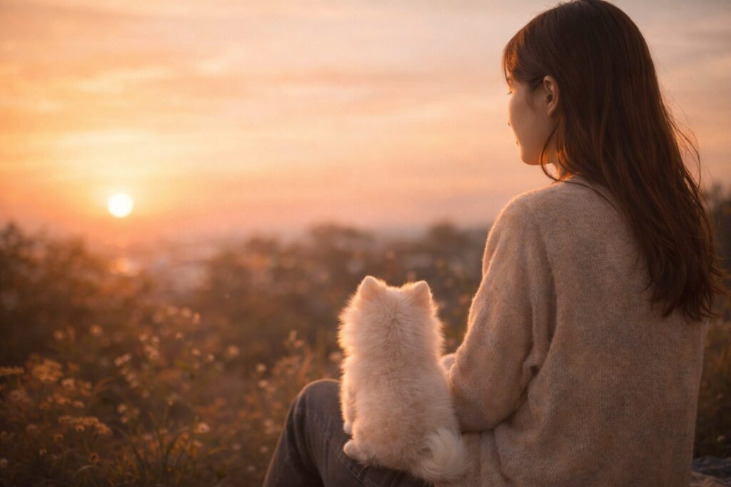 夕方の光の中で人のそばに寄り添う子犬の落ち着いたイメージ