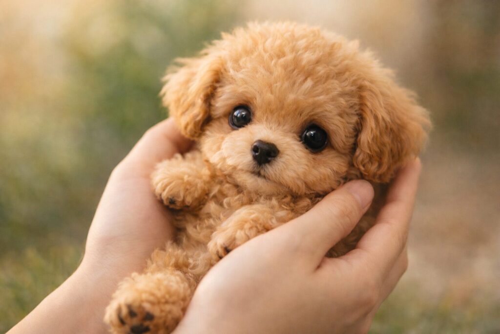 手に抱っこされている茶色の子犬