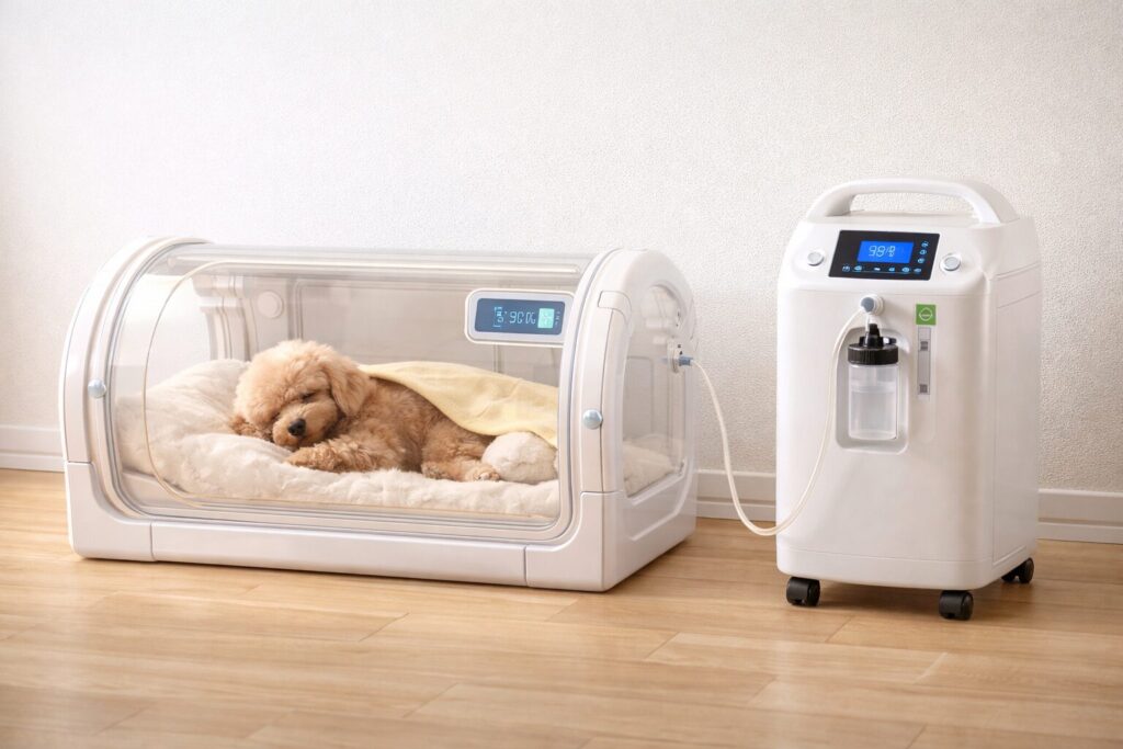 酸素室の中でリラックスしている犬の様子
