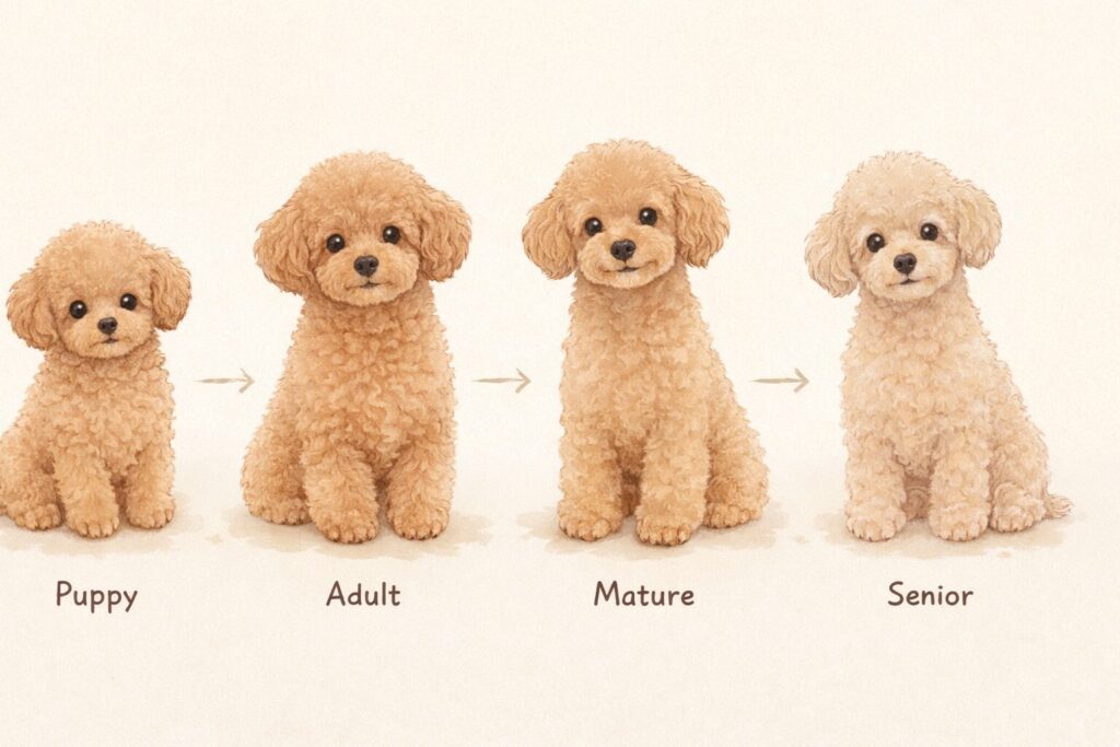 子犬からシニア犬まで成長していくトイプードルのイメージ