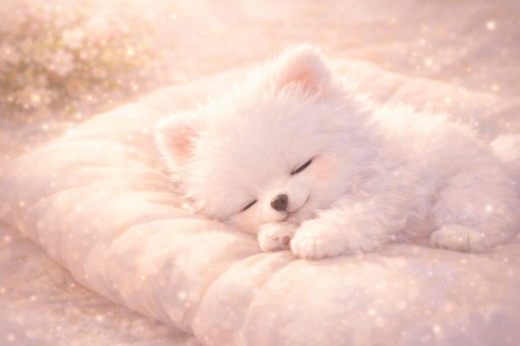 眠っている白い子犬が安心感を与えるまとめ用イメージ