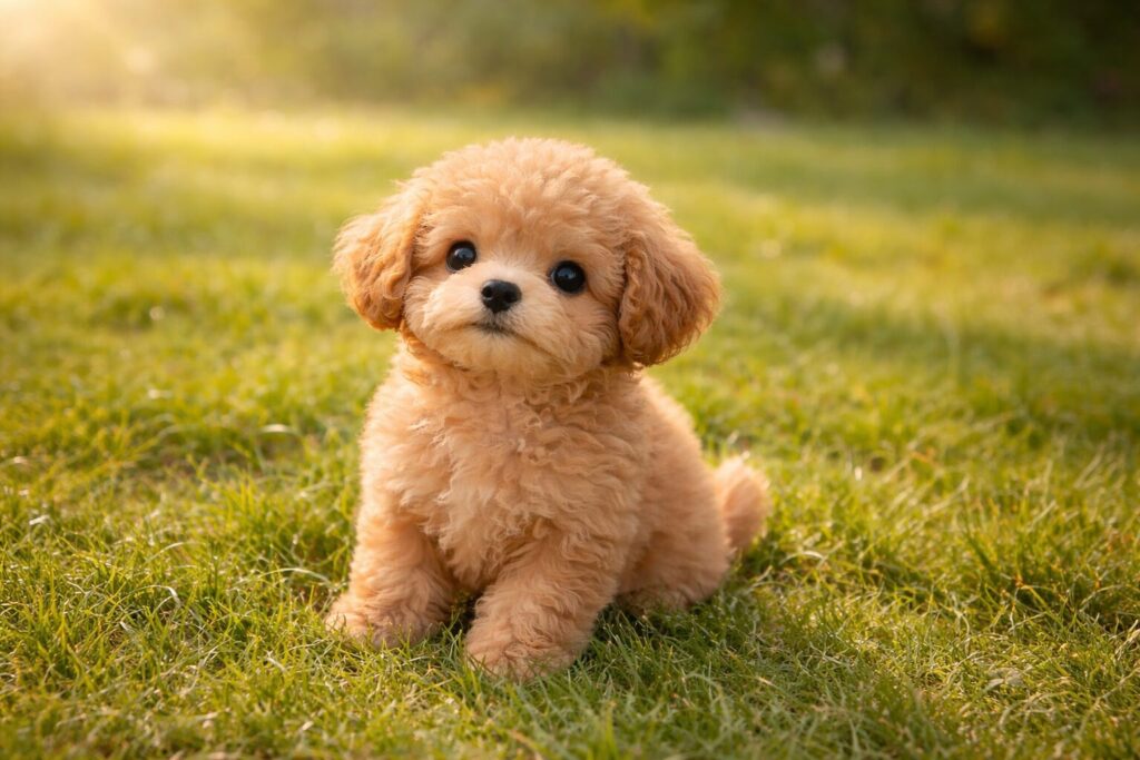 芝生の上に座る茶色の子犬のイメージ