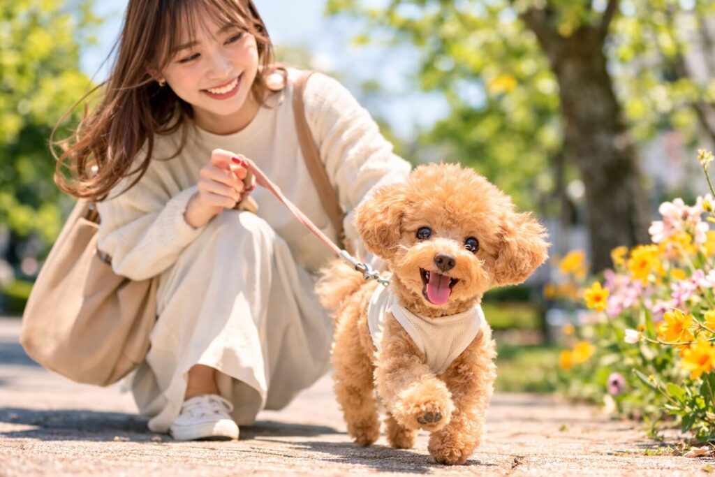 公園で散歩するトイプードル