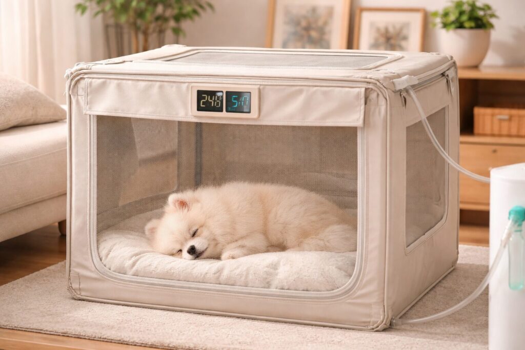 酸素室の中で眠っている犬