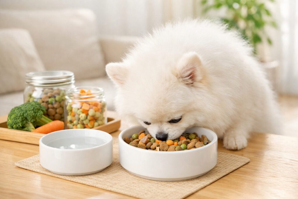 消化に配慮した食事を前にした犬のケアイメージ