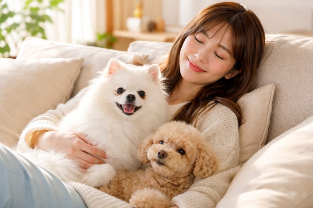 安心して過ごす飼い主と犬の様子