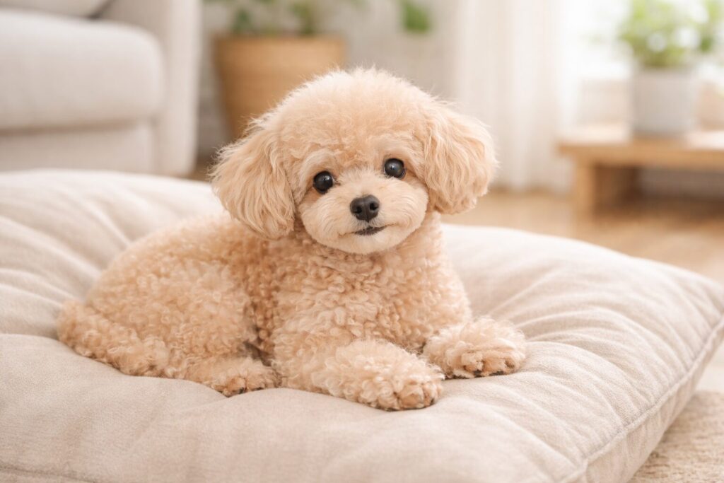 クッションの上でゆったり休んでいるシニアのトイプードル