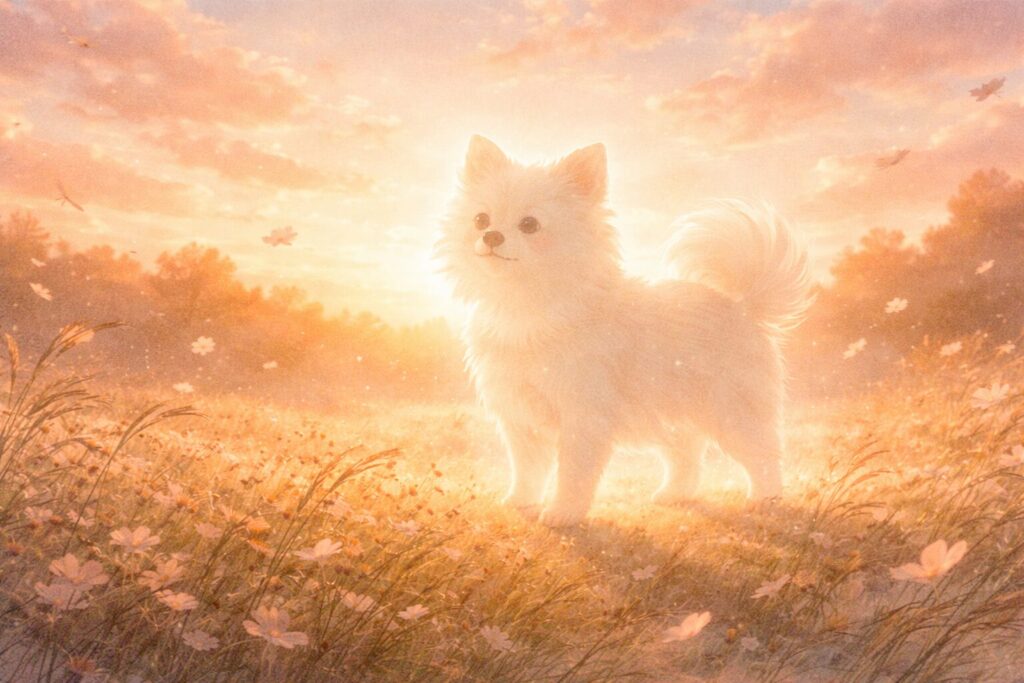 夕暮れの中で光に包まれた犬の幻想的なイラスト