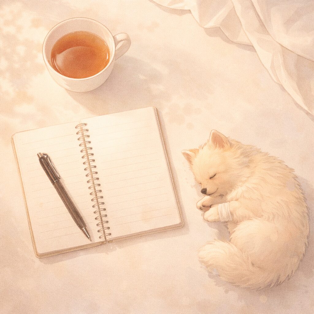 ノートとお茶、そばで眠る犬の落ち着いたイラスト