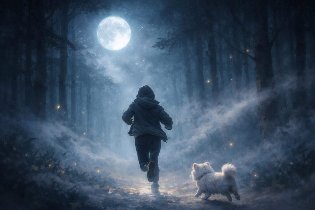 犬に追いかけられる夢をイメージした夜の森を逃げる人物と白い犬