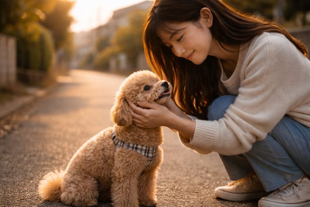 迷子の犬をやさしく保護する様子のイメージ